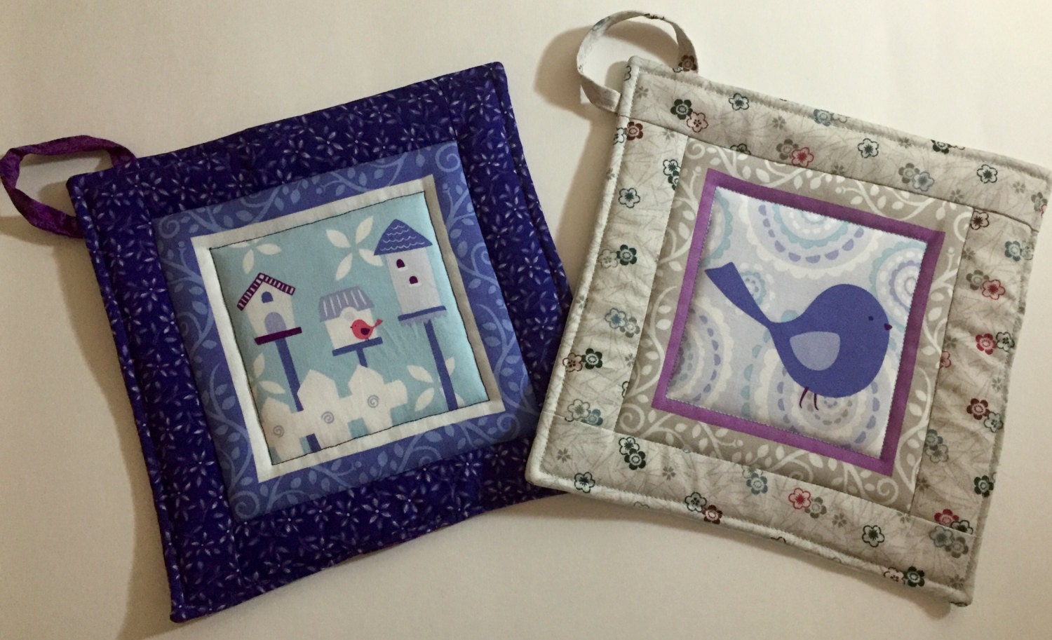 Pot Holder Duo: Bird & Birdhouses Purple Theme - Etsy New Zealand