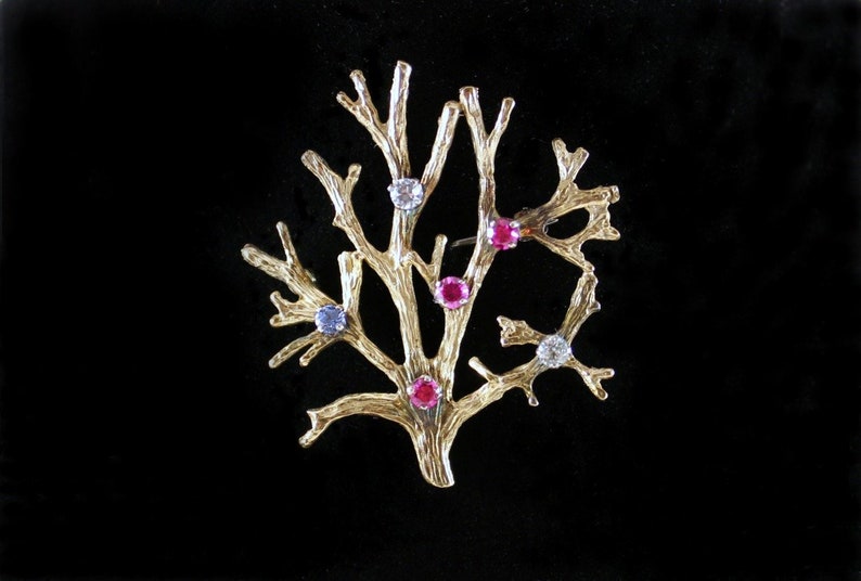 Vintage 9K Gold Figural Spring Branch Brooch with Buds of Blue White and Fuchsia