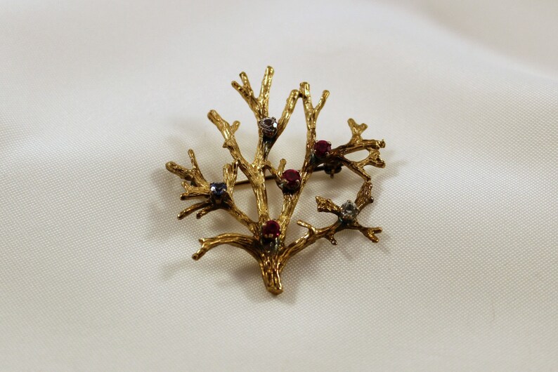 Vintage 9K Gold Figural Spring Branch Brooch with Buds of Blue White and Fuchsia
