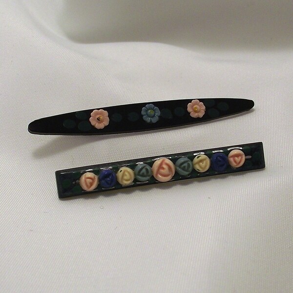 RESERVED for DANIELLE: Two Vintage/Antique Edwardian Handpainted Celluloid Floral Bar Brooches/Pins