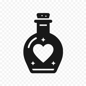 Puede incluir: Ilustración en blanco y negro de una botella de poción con un corazón en el centro. La botella tiene un tapón de corcho y está decorada con tres pequeñas estrellas.