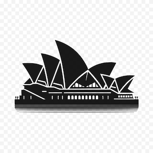 Op de afbeelding: Zwart-wit illustratie van het Sydney Opera House. De afbeelding toont de kenmerkende zeilvormige daken van het gebouw en een rechthoekige basis met boogvensters. De achtergrond is transparant.