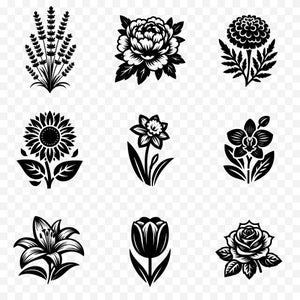 Può includere: Nove illustrazioni floreali in bianco e nero, tra cui lavanda, peonia, calendula, girasole, narciso, orchidea, giglio, tulipano e rosa. Ogni fiore è raffigurato in un design dettagliato e stilizzato, adatto a vari progetti.