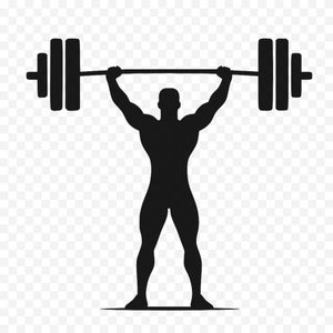 May include: A black silhouette of a weightlifter lifting a barbell overhead. The barbell has weights on each end. The weightlifter is muscular and standing on a thin black line. The background is transparent.
