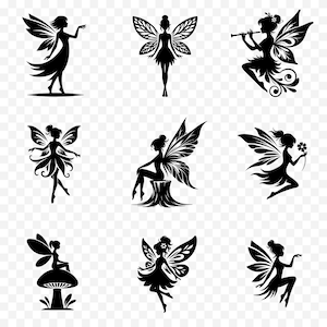 Paquete SVG de hadas: colección de imágenes prediseñadas, silueta negra, archivo Cricut, ilustración vectorial, uso comercial, descarga digital instantánea