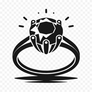 Puede incluir: Ilustración en blanco y negro de un anillo de diamantes. El anillo presenta una gran gema facetada sujeta por garras. La banda es lisa y redondeada. Estallidos de luz emanan de la gema, sugiriendo brillo. Un símbolo de compromiso y afecto.