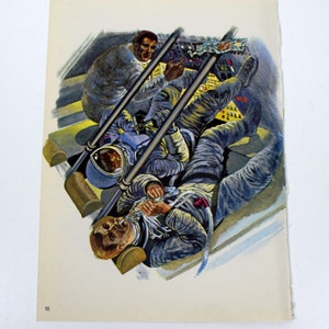 May include: Vintage illustration depicting three astronauts in a spacecraft. The artwork features a retro style with a palette of blues, grays, and yellows. The astronauts are wearing space suits and helmets, with one operating a control panel.