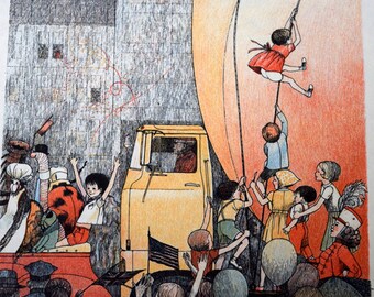 James and the Giant Peach,  Vintage 1961 Illustration, Welcome Home Parade, Childrens Book Color Plate, Nancy Ekholm Burkert