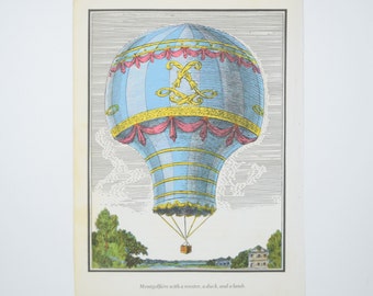 Hot Air Balloon Illustration Color Book Plate, Aérostat Réveillon, 1783, Montgolfiere, Inventor & French Aeronaut, Vintage 1972 Art Print