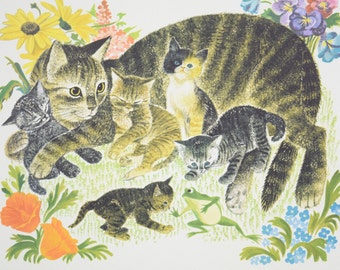 1958 Leonard Weisgard Illustration of Cat & Kittens, Farm Animals, Large Decorative Print, Full Color, School Poster, Vintage Wall Decor