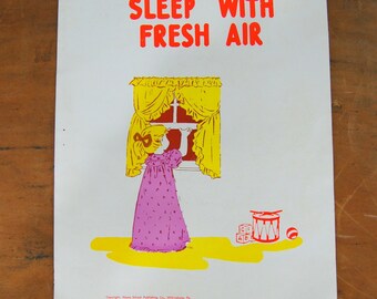School Poster, Health Poster, Sleep With Fresh Air, Vintage Childrens Illustration 1957