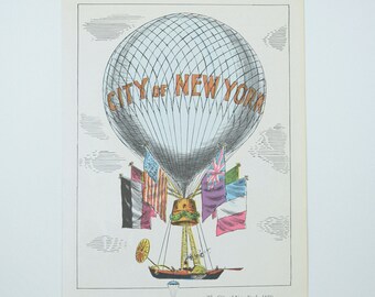 Hot Air Balloon Illustration Color Book Plate, The City of New York, 1859, Thaddeus S. C. Lowe, American Aeronaut, Vintage 1972 Art Print