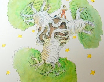 The Little Prince, The Baobabs, Children's Book Color Plate, Trees, 6.75" x 8.5", Vintage Illustration