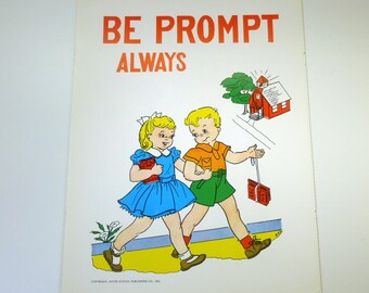 Good Manners Poster, Be Prompt Always, Vintage Childrens Illustration 1957, School Poster