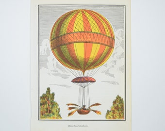 Hot Air Balloon Illustration Color Book Plate, Jean-Pierre Blanchard, French Aeronaut, English Channel, Hydrogen, Vintage 1972 Art Print