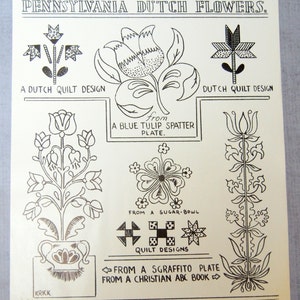 May include: A black and white print titled "Pennsylvania Dutch Flowers" featuring various floral and quilt designs. Text includes "A Dutch Quilt Design" and "From a Blue Tulip Spatter Plate."