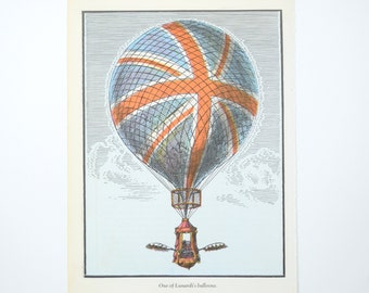 Hot Air Balloon Illustration Color Book Plate, Vincenzo Lunardi, Italian Aeronaut, British Union Jack, Hydrogen, Vintage 1972 Art Print