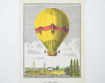 Hot Air Balloon Illustration Color Book Plate, Élisabeth Thible, Pioneer Balloonist, French Aeronaut, La Gustave, Vintage 1972 Art Print