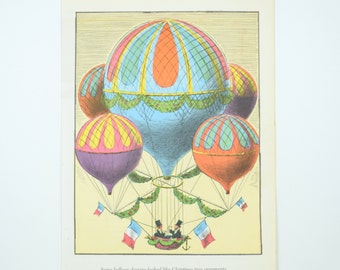Hot Air Balloon Illustration Color Book Plate, 5 Cluster Balloon, Gentlemen in top Hat, Flag of France, Vintage 1972 Art Print
