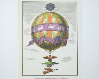 Hot Air Balloon Illustration Color Book Plate, Festive Celebration, Unmanned Balloon, Eagle, Angel with Trumpet, Vintage 1972 Art Print