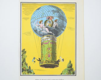 Hot Air Balloon Illustration Color Book Plate, De Rozier & Romain, French Aeronauts, 1784, Combination Hydrogen, Vintage 1972 Art Print