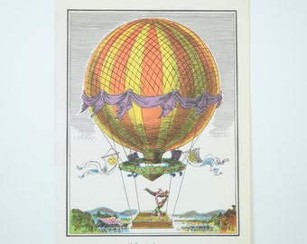 Hot Air Balloon Illustration Color Book Plate, A Balloon for Showmen, Festival, Village Fair, Acrobatics, Circus, Vintage 1972 Art Print