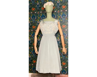 50s Grosgrain Aqua Dress with White Swirling Embroidered Bodice