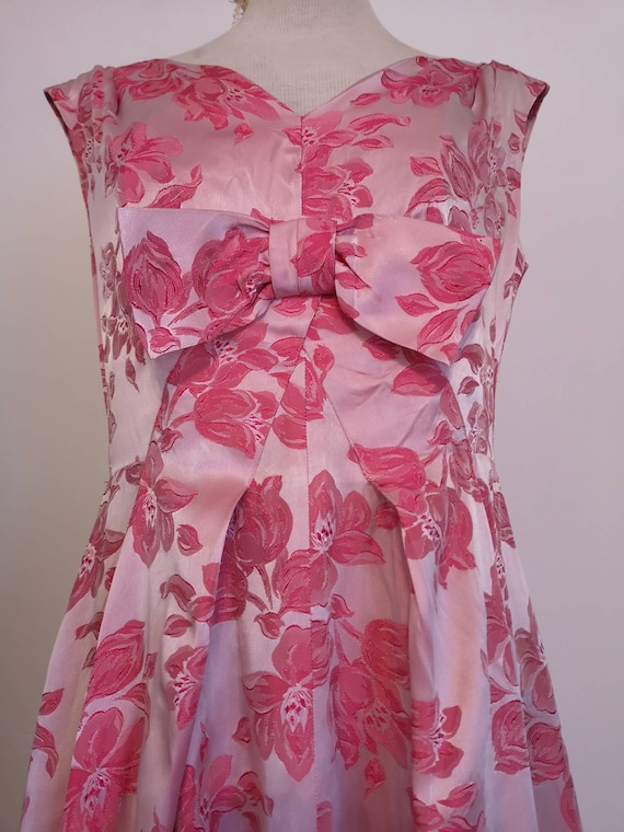 1950s Long Pink Brocade Dress with Bow Detail