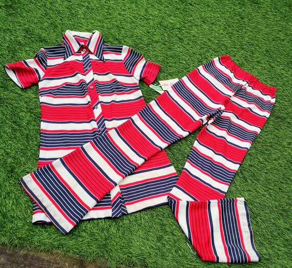 60s Striped Nylon Jersey Trouser Suit
