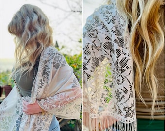 Floral Lace Scarf Shawl Wraps, Beige Lace Scarf, Fringed Lace Scarf, Woman Scarves,Beige Floral Lace Scarf, Very Soft And Light Shawl Scarf