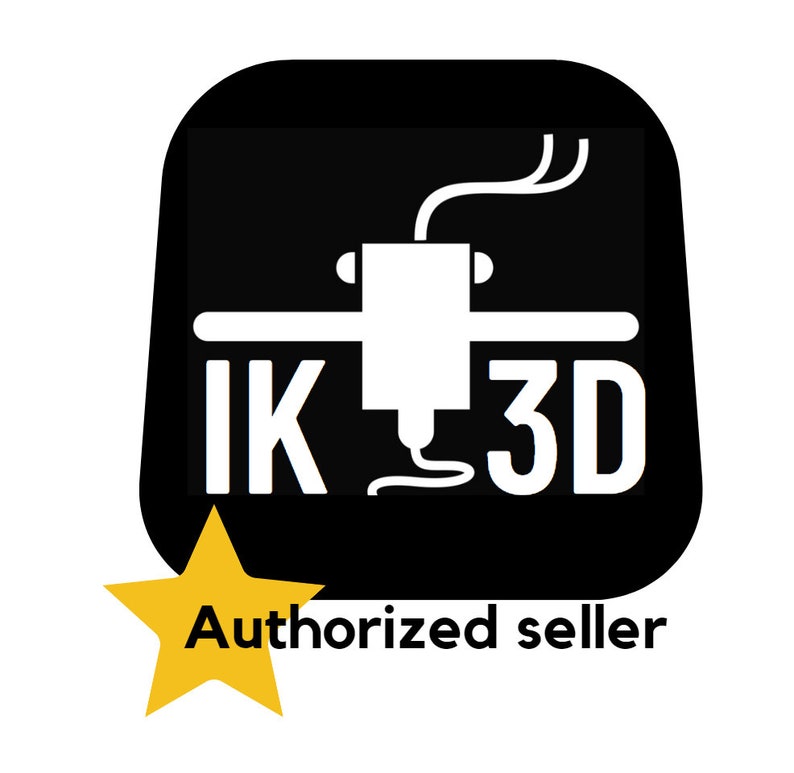 May include: Black and white logo with a 3D printer icon and the text "IK 3D" in a white square. A yellow star with the text "Authorized seller" is below the square.