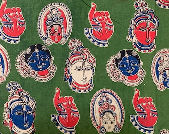 Blockprint Green Faces Kalam Kari Cotton