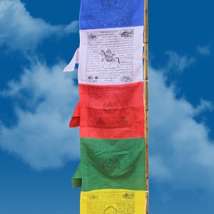 May include: Five colourful prayer flags hanging from a bamboo pole against a blue sky with white clouds. The flags are printed with black text and images. The flags are blue, white, red, green, and yellow.