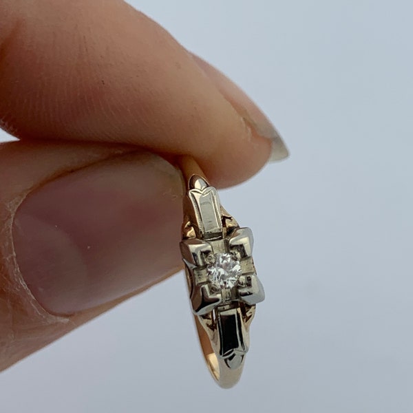 Dainty everyday wear 0.05 carat 14K Yellow Gold and Diamond VINTAGE art deco engagement ring