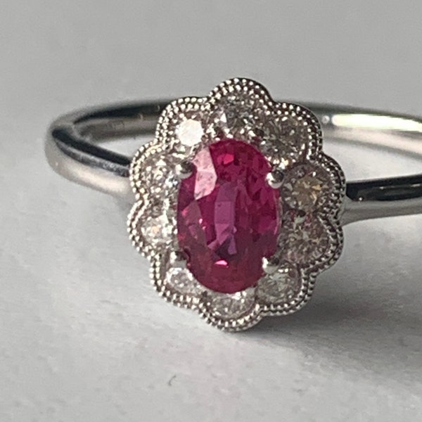 Diamond and .75 carat Ruby engagement ring 14k White Gold