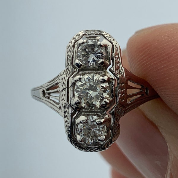 14K Gold and .7 carat Diamond VINTAGE engagement 3 stone ring