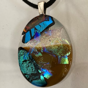 Statement dichroic pendant, large dichroic pendant, green/brown/gold dichroic pendant, statement green necklace, statement autumn colours