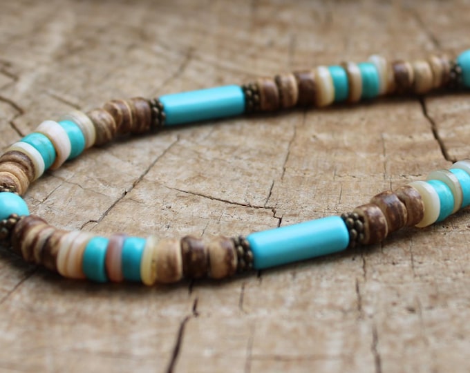 Mens beaded turquoise necklace. Surfer style necklace. Mens coconut necklace with turquoise beads.
