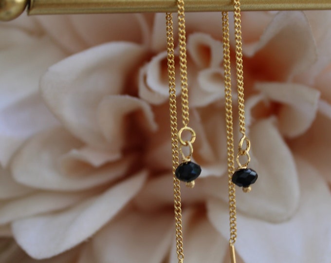 Black tourmaline threader earrings. Delicate threader earrings with tourmaline crystals. 18k Gold plated threader earrings.