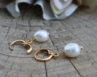 18k Gold Filled Baroque Pearl Lever Back Earrings, Bridal Jewelry