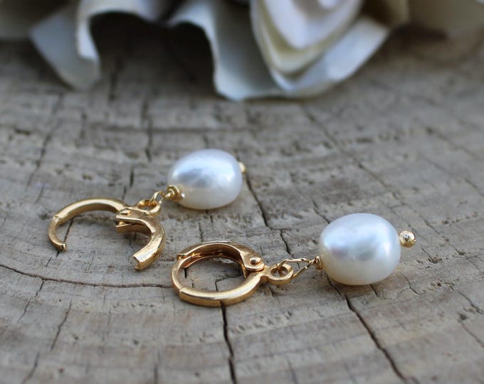 Pearl hoop earrings Lever back pearl earrings. Gold filled pearl earrings.  Baroque pearl earrings. Bridal earrings.