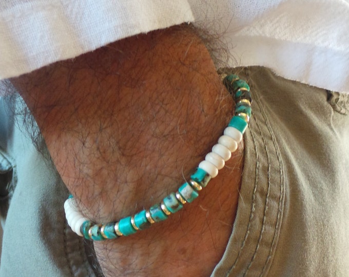 Mens bracelet. Mens gemstone bracelet. African turquoise bracelet. Mens beaded bracelet. Mens stretch bracelet.