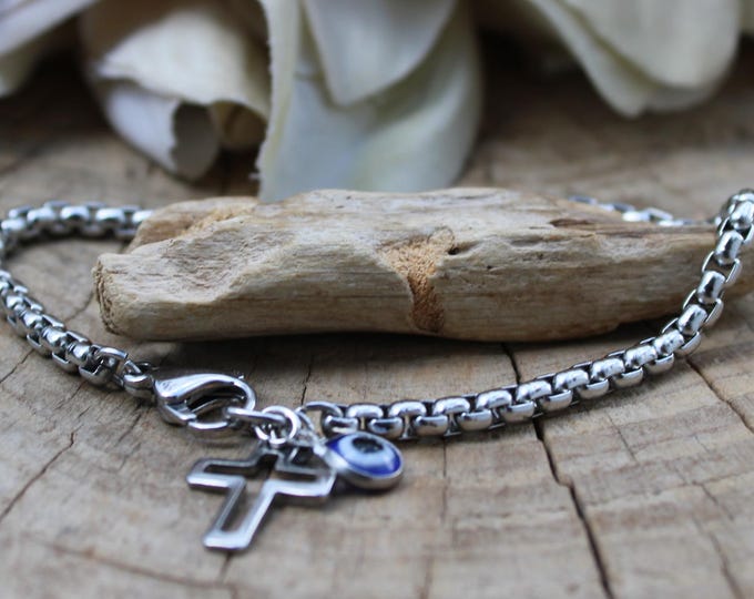 Evil eye and  Cross Bracelet for Men. Stainless steel cross bracelet. Stainless steel evil eye bracelet. Protection bracelet.