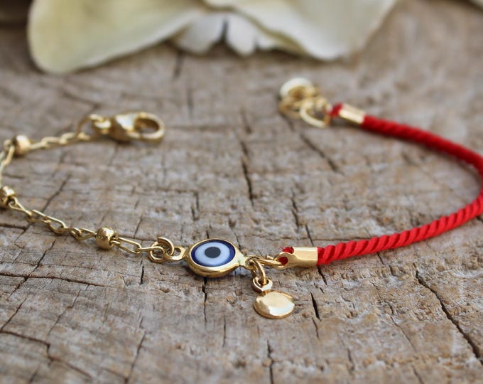 Red String Evil Eye Protection Bracelet, Gold Filled Charm, Adjustable Cord Jewelry