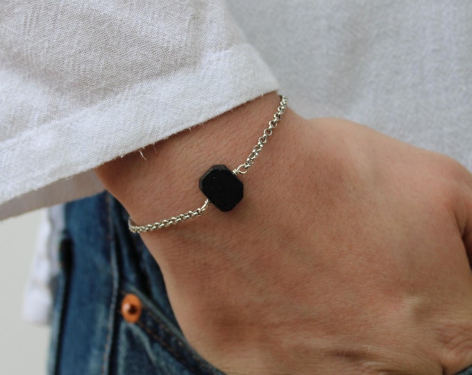 Mens Raw Black Tourmaline Bracelet: Stainless Steel Chain, Empath Protection
