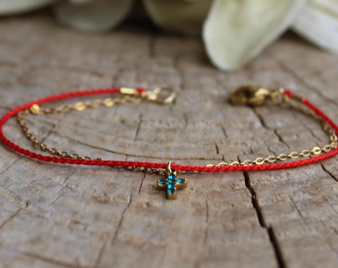 Red String bracelet with tiny cross. Stainless steel cross charm bracelet.
