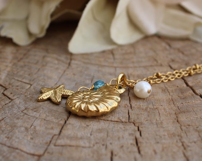 Shell Pearl Necklace: Stainless Steel Beach Jewelry with Apatite