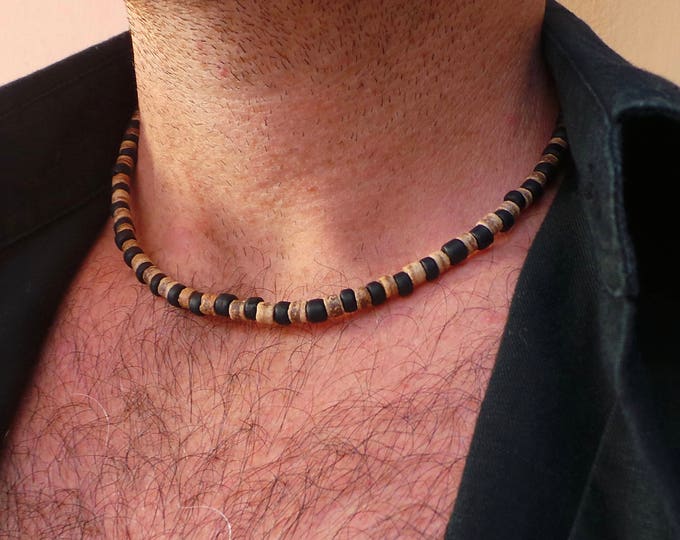 Mens beaded necklace. Mens heishi necklace. Surfer style necklace. Coconut and black necklace. Mens wood bead and stone heishi necklace.