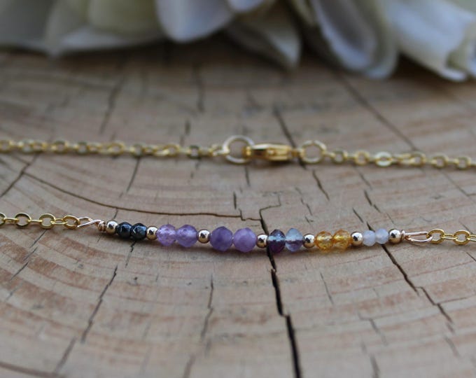 Menopause support necklace. Hematite, amethyst, lepidolite, fluorite, citrine, moonstone.chain.