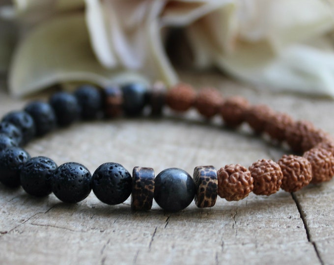 Rudraksha, lava rock and larvikite mala bracelet. Sacred rudraksha bracelet. Protection, grounding. Stretch bracelet men. 8mm beads.